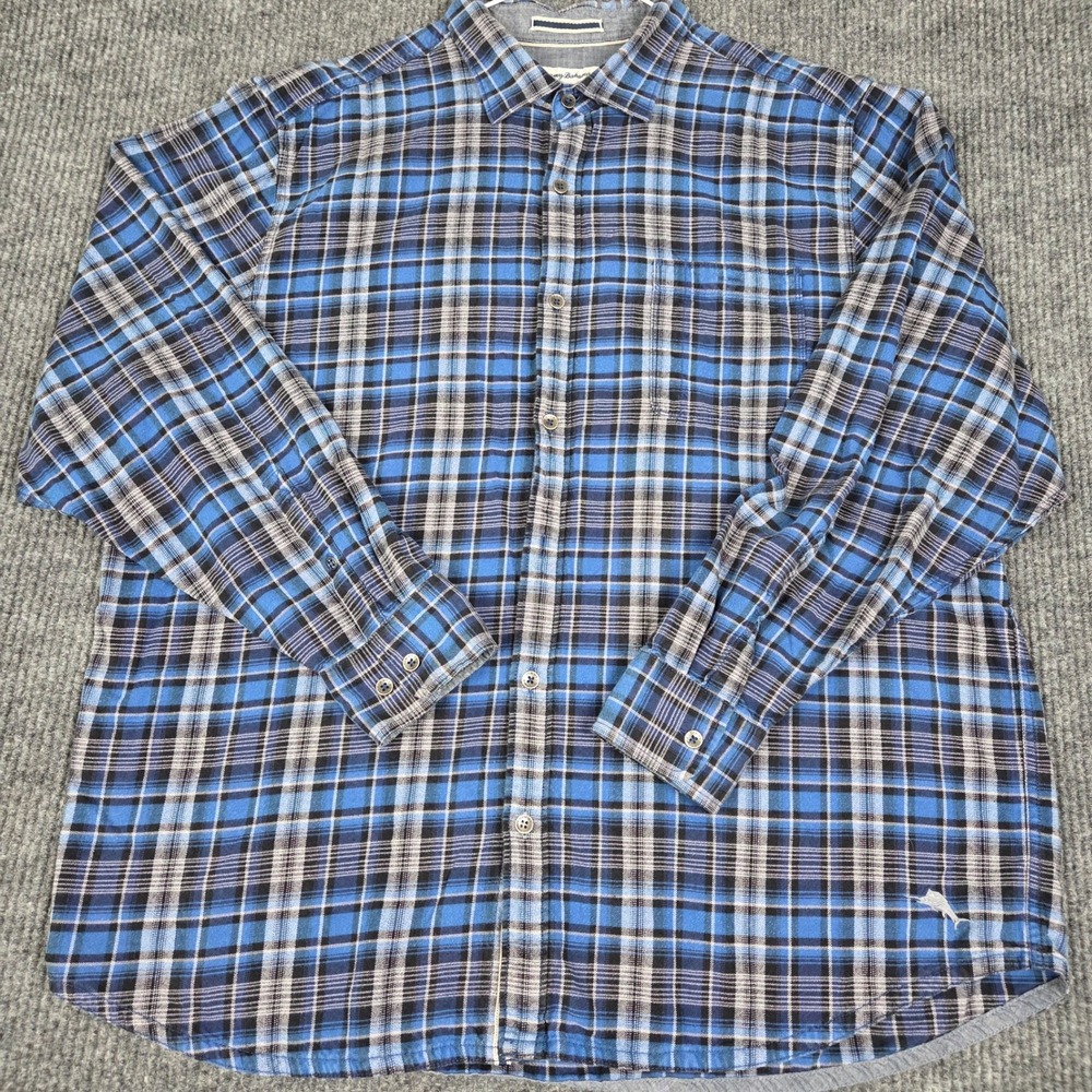 Tommy Bahama Mens XXL Blue Black Plaid Long Sleeve Button Up Shirt 26213